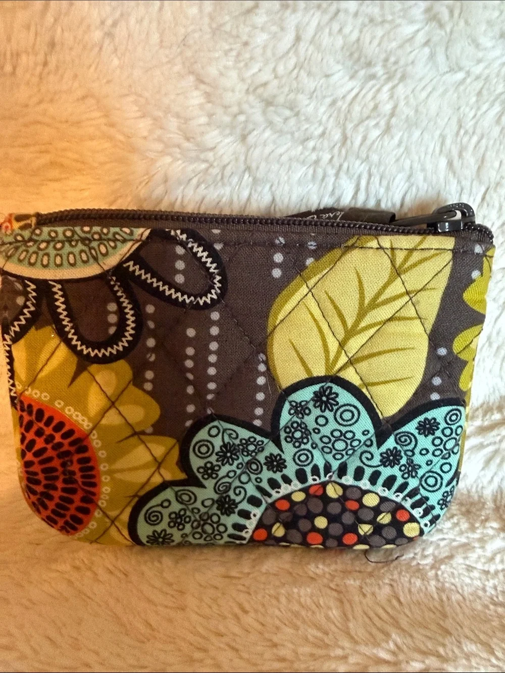 Vera Bradley Flower Shower Quilted Floral Coin Purse Zip Pouch Brown Yellow Teal